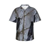 Camicia hawaiana da uomo nera con corvo e uccelli, a maniche corte, estiva, da spiaggia, con bottoni, abiti per le vacanze, nero, S