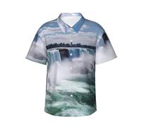 Camicia hawaiana da uomo Niagara Falls a maniche corte estiva da spiaggia con bottoni top abiti per le vacanze, nero, S