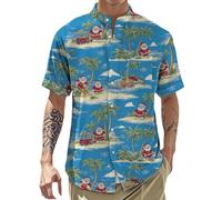Camicia hawaiana natalizia da uomo, a maniche corte, con colletto a fascia, abbigliamento casual per spiaggia e vacanze, Spiaggia natalizia, 5XL