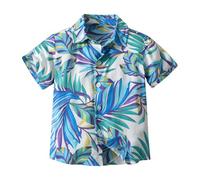 Camicia hawaiana per ragazze e ragazzi, con stampa 3D hawaiana, casual, estiva, con bottoni, risvolto, camicia da spiaggia, estiva, a maniche corte, leggera, per il tempo libero, #01 blu, 150 cm
