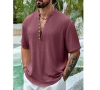 Camicia Henley a maniche corte da uomo, estiva, scollo a V profondo in lino morbido e traspirante, di colore unito, stile vintage semplice con più bottoni, adatta per casual, vacanze, uso quotidiano L