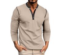 Camicia Henley a maniche lunghe da uomo, design casual con bottoni, classico cotone leggero, stile pullover, maglietta basic per un comfort tutto il giorno, cachi, L