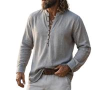 Camicia Henley Uomo a Maniche Lunghe in Lino retrò con Collo Dritto | Camicia Henley con colletto alla coreana e mezzo bottone, Camicia casual ampia in stile vichingo da uomo