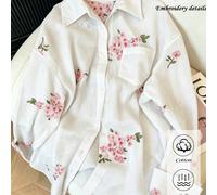 Camicia in cotone da donna, nuova stile Old Money primavera/estate, ricamata a maniche lunghe, vestibilità casual ampia, giallo oca, ricamata, camicia casual da vacanza a maniche lunghe con bottoni an