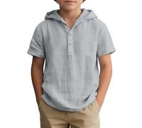 Camicia in cotone e lino, a maniche corte con cappuccio, per bambini, con bottoni, per adolescenti, estiva, leggera, in lino, oversize, tinta unita, con bottoni, 5-1, A01 grigio., 9-10 Anni