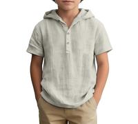 Camicia in cotone e lino, a maniche corte con cappuccio, per bambini, con bottoni, per adolescenti, estiva, leggera, in lino, oversize, tinta unita, con bottoni, 5-1, A01 beige., 11-12 Anni