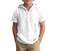 Camicia in cotone e lino, a maniche corte con cappuccio, per bambini, con bottoni, per adolescenti, estiva, leggera, in lino, oversize, tinta unita, con bottoni, 5-1, A01 bianco., 5-6 Anni