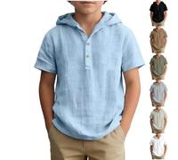 Camicia in cotone e lino, a maniche corte con cappuccio, per bambini, con bottoni, per adolescenti, estiva, leggera, in lino, oversize, tinta unita, con bottoni, 5-1, #00 blu, 11-12 Anni