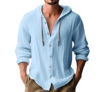 Camicia in cotone e lino con cappuccio da uomo, leggera e traspirante, con cappuccio, con bottone, alla moda, a maniche lunghe, tinta unita, casual, da spiaggia, elasticizzata, vestibilità larga