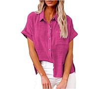 Camicia in cotone e lino da donna UK Plus Size Top oversize Camicie con colletto abbottonato con pieghe sul retro leggera estiva casual con polsino largo camicetta a maniche corte con tasca, Rosa