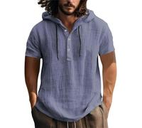 Camicia in cotone e lino da uomo con cappuccio UK da uomo 1/4 button down camicia a maniche corte con coulisse pullover con cappuccio top tinta unita magliette classiche traspiranti Henley Summer