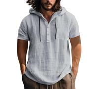 Camicia in cotone e lino da uomo con cappuccio UK da uomo 1/4 button down camicia a maniche corte con coulisse pullover con cappuccio top tinta unita magliette classiche traspiranti Henley Summer