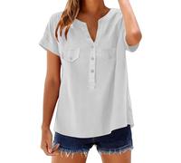 Camicia in cotone lino da donna - Maglietta da donna con scollo a V in lino camicia con due tasche - Maglietta tinta unita - Confortevole Top Chic - Maglietta con bottone Top Quotidiano Top