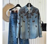 Camicia in denim da donna elegante per il pendolarismo primavera/autunno, versatile e snellente, con ricamo finto a farfalla, giacca con collo ampio L,M,S,XL,XSTradizione popolareTessuto in maglia