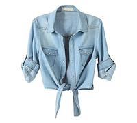 Camicia in Denim da Donna, Taglia da Allacciare, Blu - Vestito Corto da Donna, Camicie in Poliestere, Blusa con Collo Bottonato, Manica Lunga, Top Estivo, Tunica Corta, Camicie alla Moda, Camicetta