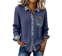 Camicia in Denim Patchwork Donna Chic Ed Elegante Manica Lunga Maglione Girocollo Tinta Unita Maglione Top Outdoor Grandi Taglie Abbigliamento per Primavera Autunno Inverno Giacca Moda, Grigio scuro