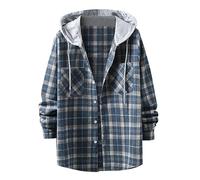 Camicia in flanella da uomo a quadri, a maniche lunghe, con cappuccio, per il tempo libero, casual, traspirante, in cotone, Blu marino, XXL