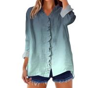 Camicia in lino alla moda da donna casual top button down camicie da donna con scollo a V increspato a maniche lunghe top casual con stampa patchwork camicette per interni ed esterni o vita quotidiana