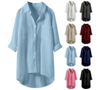 Camicia in lino da donna a maniche lunghe, camicia da donna lunga taglia grande camicetta con tasca e bottone camicette risvolto camicetta casual top traspirante manica lunga abbigliamento tinta unita