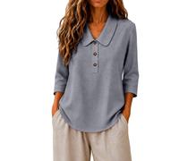 Camicia in Lino da Donna Collo Peter Pan Stile Henley Mezza Chiusura A Bottoni, Maniche Tre Quarti, Orlo Curvo Ampio, Tessuto Traspirante Infrangibile(Dark Gray, L)