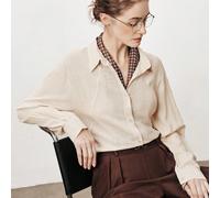 Camicia in lino da donna con colletto, chiusura frontale, spalle strappate, spacchi laterali e orlo asimmetrico, manica lunga. Elegante, stile vintage francese da resort marittimo, adatta per lavoro e