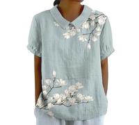 Camicia in lino da donna con colletto elegante camicetta a tunica con scollo rotondo vestibilità ampia top base da donna scollo rotondo comoda maglietta estiva leggera camicetta allentata, Blu scuro