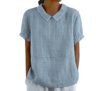 Camicia in lino da donna con colletto elegante camicetta a tunica con scollo rotondo vestibilità ampia top base da donna scollo rotondo comoda maglietta estiva leggera camicetta allentata, Blu, 3XL