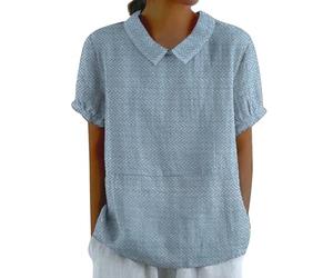Camicia in lino da donna con colletto elegante camicetta a tunica con scollo rotondo vestibilità ampia top base da donna scollo rotondo comoda maglietta estiva leggera camicetta allentata, Blu, 3XL