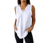 Camicia in lino da donna, con scollo rotondo, senza maniche, con frange, orlo per il tempo libero, vestibilità comoda, in tinta unita, in lino, leggera, comoda, estiva, da spiaggia, bianco, L