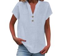 Camicia in lino, da donna, estiva, a maniche corte, in lino, con scollo a V, con bottoni, in mussola, leggera, traspirante, in lino, morbida, per l'estate, Azzurro, S