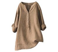 Camicia in lino, da donna, in cotone, lino, a maniche lunghe, casual, a maniche lunghe, in cotone, a tunica da donna, a maniche lunghe, casual, a maniche lunghe, cachi, L