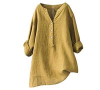 Camicia in lino, da donna, in cotone, lino, a maniche lunghe, casual, a maniche lunghe, in cotone, a tunica da donna, a maniche lunghe, casual, a maniche lunghe, giallo., M