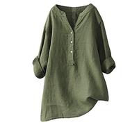 Camicia in lino, da donna, in cotone, lino, a maniche lunghe, casual, a maniche lunghe, in cotone, a tunica da donna, a maniche lunghe, casual, a maniche lunghe, verde, XXL