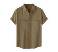Camicia in lino, da uomo, a maniche corte, per il tempo libero, in cotone, lino, estiva, camicia hawaiana, da uomo, leggera, con tasche, taglie grandi, tinta unita, da spiaggia, vestibilità normale, a