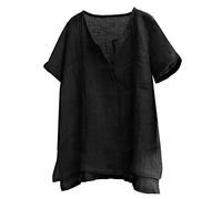 Camicia in lino, da uomo, a maniche corte, taglie forti, tinta unita, in lino, vintage, per il tempo libero, con scollo a V, estiva, a maniche corte, in cotone, lino, da spiaggia, Nero/1, 5XL