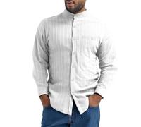 Camicia in lino da uomo a maniche lunghe, con bottoni, vestibilità normale, a righe, per il tempo libero, estiva, spiaggia, in lino, per lavoro, casual, vacanze, estate, spiaggia, con tasca, bianco, M