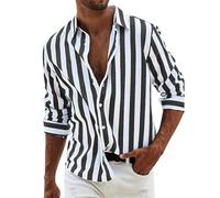 Camicia in lino, da uomo, a maniche lunghe, estiva, a righe, per il tempo libero, con bottoni
