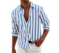 Camicia in lino, da uomo, a maniche lunghe, estiva, a righe, per il tempo libero, con bottoni, Blu, S