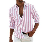 Camicia in lino, da uomo, a maniche lunghe, estiva, a righe, per il tempo libero, con bottoni, Colore: rosa., S