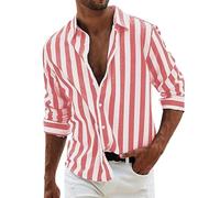 Camicia in lino, da uomo, a maniche lunghe, estiva, a righe, per il tempo libero, con bottoni, Colore: rosso, XXL