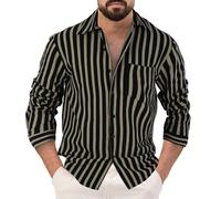 Camicia in lino, da uomo, a maniche lunghe, estiva, a righe, per il tempo libero, con bottoni, X1 verde, XL