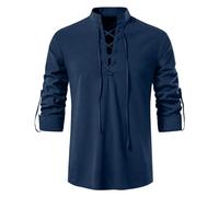 Camicia in lino da uomo a maniche lunghe, in cotone e lino, scozzese, in stile retrò, traspirante, per i vichinghi medievali, Blu marino, XL