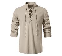 Camicia in lino da uomo a maniche lunghe, in cotone e lino, scozzese, in stile retrò, traspirante, per i vichinghi medievali, cachi, L