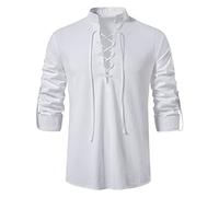 Camicia in lino da uomo a maniche lunghe, in cotone e lino, scozzese, in stile retrò, traspirante, per i vichinghi medievali, bianco, L