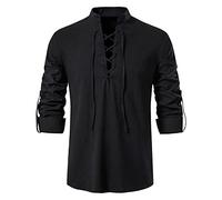Camicia in lino da uomo a maniche lunghe, in cotone e lino, scozzese, in stile retrò, traspirante, per i vichinghi medievali, Nero , L
