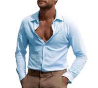 Camicia in lino, da uomo, a maniche lunghe, slim fit, da spiaggia, in cotone, da lavoro, comoda, casual, morbida, per il tempo libero, con bottoni, Azzurro, XXL