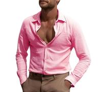 Camicia in lino, da uomo, a maniche lunghe, slim fit, da spiaggia, in cotone, da lavoro, comoda, casual, morbida, per il tempo libero, con bottoni, Colore: rosa., XXL