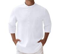 Camicia in lino da uomo con maniche a 3/4, camicia estiva Henley, per il tempo libero, tinta unita, per l'estate, la spiaggia, casual, per le vacanze, la spiaggia, bianco, L