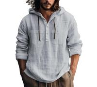 Camicia in Lino da Uomo Estiva Comode Felpe con Cappuccio Elegante Leggera Vacanze Magliette con Bottoni Tinta Unita Maniche Lunghe Camicia con Coulisse Traspirante Taglie Forti Henley Shirts