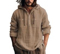 Camicia in Lino da Uomo Estiva Comode Felpe con Cappuccio Elegante Leggera Vacanze Magliette con Bottoni Tinta Unita Maniche Lunghe Camicia con Coulisse Traspirante Taglie Forti Henley Shirts